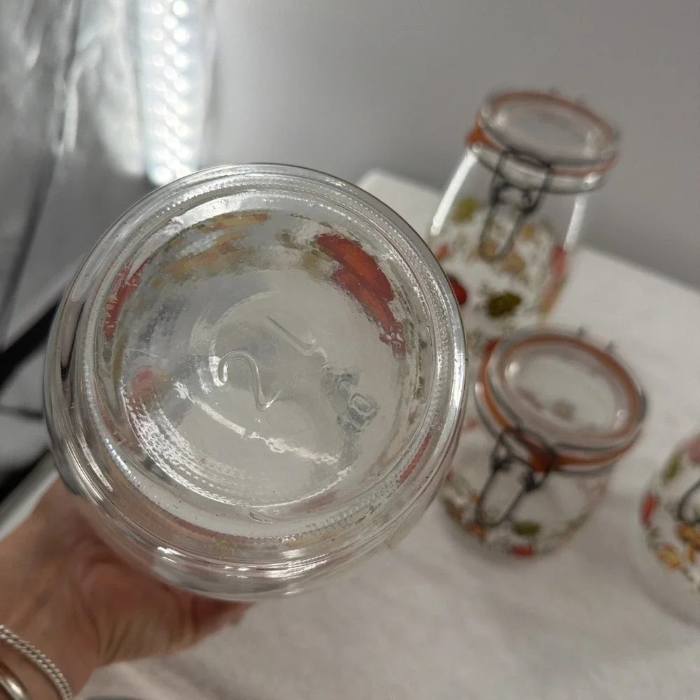 ARC France Vintage Spice Of Life Mushroom Veg Glass Canister Jar Set Of 4 1970s